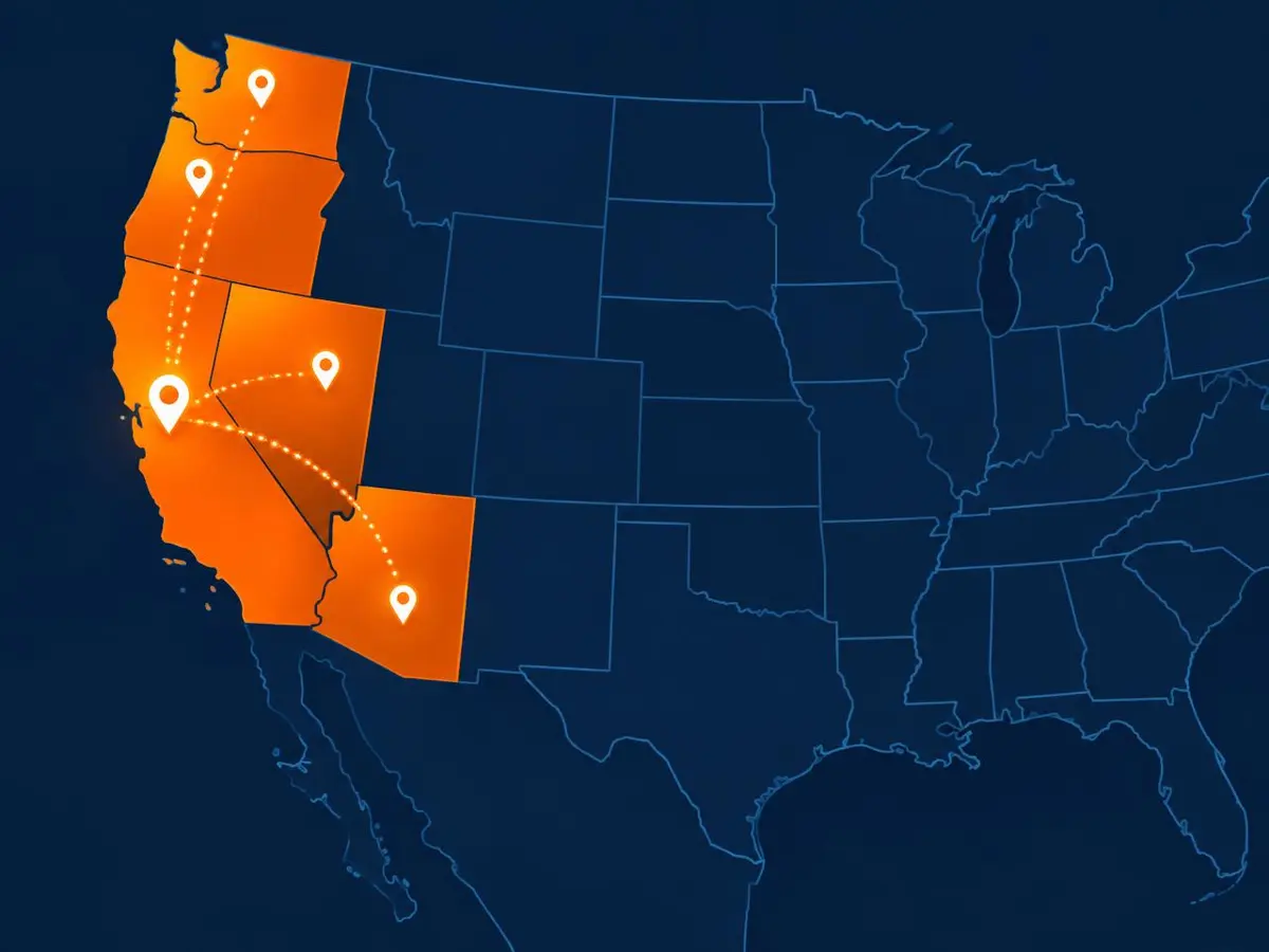 Map showing BuildCliq growing from California into Nevada, Arizona, Oregon and Washington